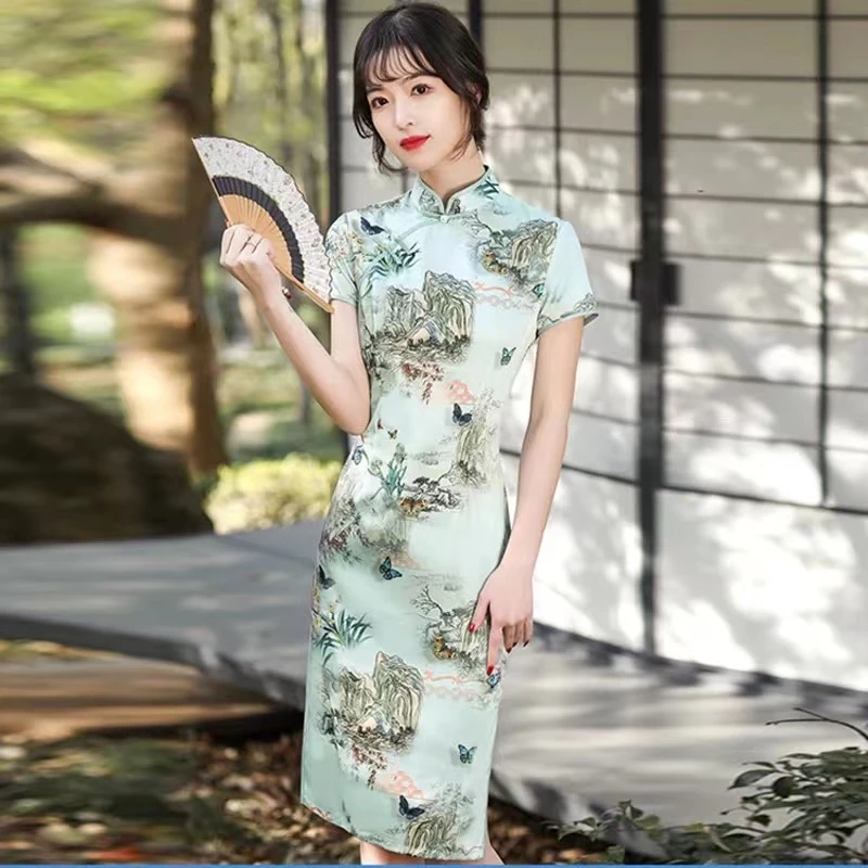 （863）夏款 气质 中长款改良旗袍 单层 长度约105cm改良版显瘦年轻