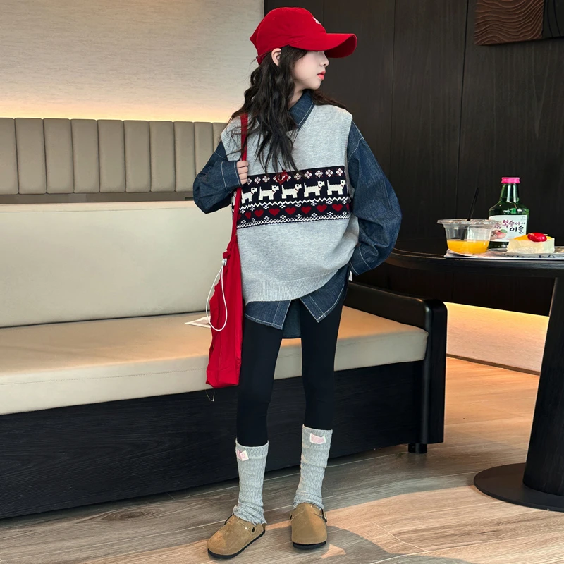 女童毛衣套装2025新款儿童洋气韩版宽松开衫两件套中大童时髦百搭