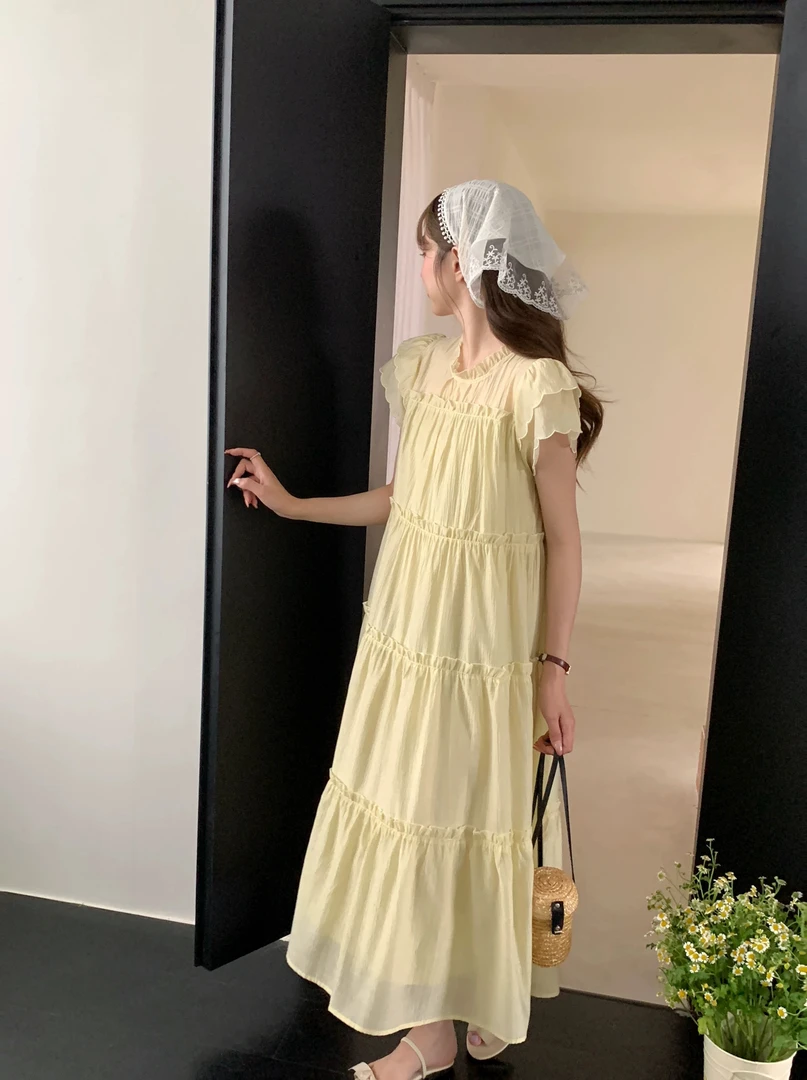 妮妮家7115夏季新款法式甜美减龄木耳边飞飞袖连衣裙