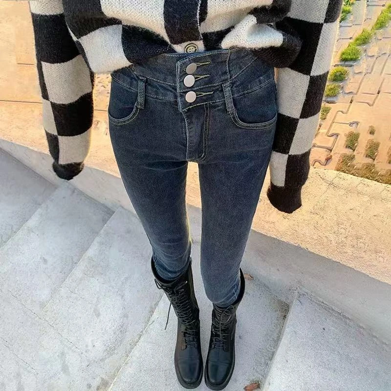 5213 高腰牛仔裤女百搭春秋显瘦显高排扣紧身小脚长裤子潮