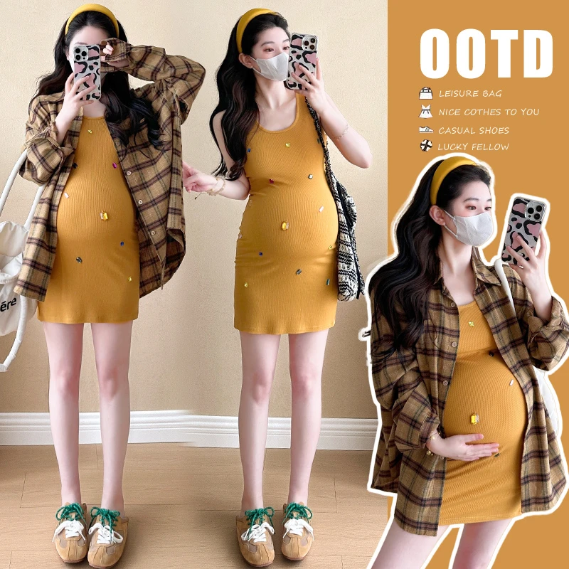 孕妇装春装2025新款春装连衣裙套装时尚辣妈显瘦背心裙两件套夏季