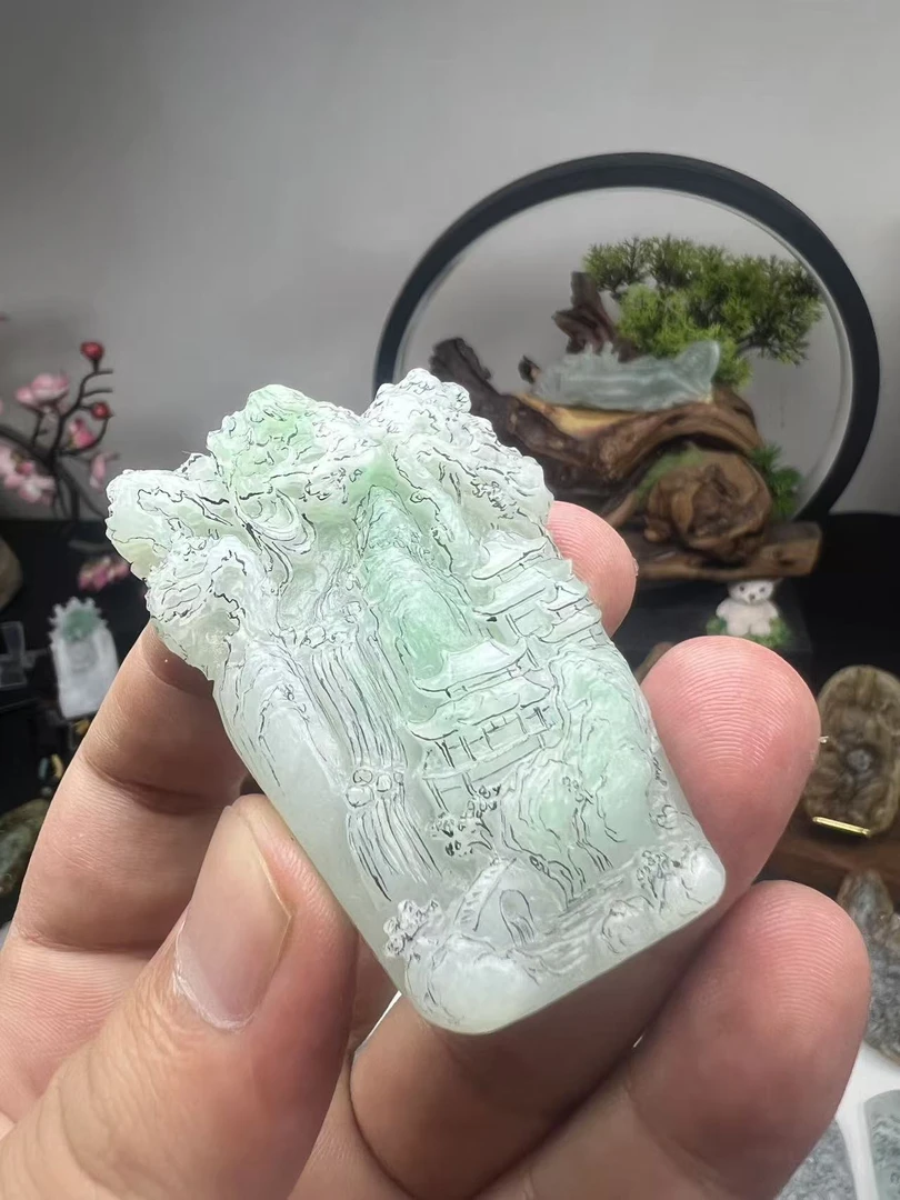 天然缅甸翡翠晴绿底冰胶山水牌毛货买断需抛光尺寸60-36-9