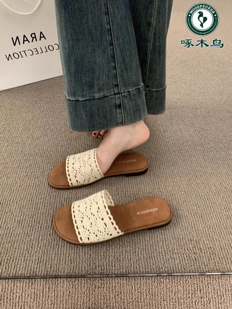 啄木鸟复古休闲平底编织露趾拖鞋女夏外穿波西米亚海边度假沙滩鞋
