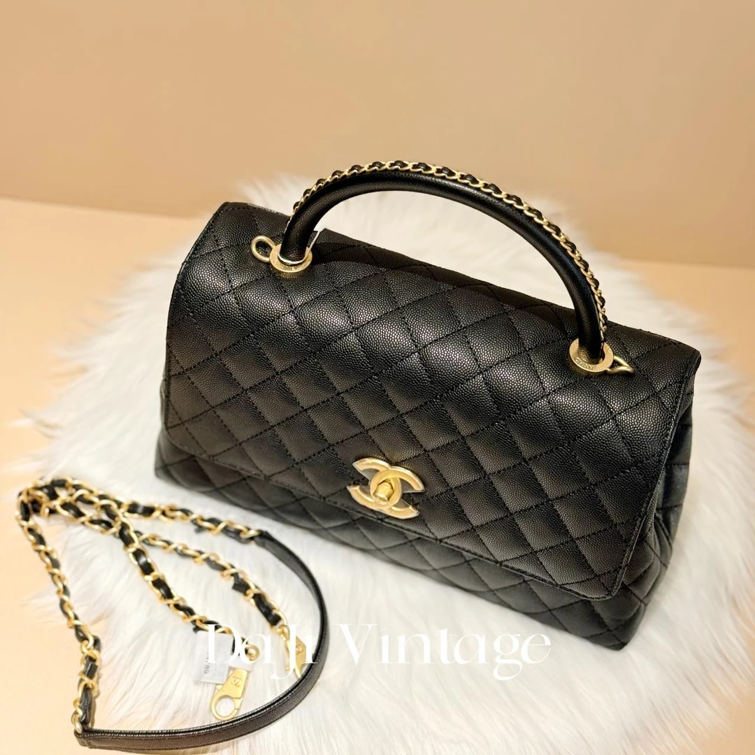 99新 Chanel/香奈儿 大吉中古/黑金中号皮穿链手柄cocohand
