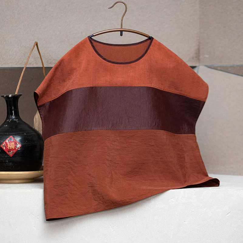 原创女装时尚休闲夏季复古宽松圆领拼接上衣