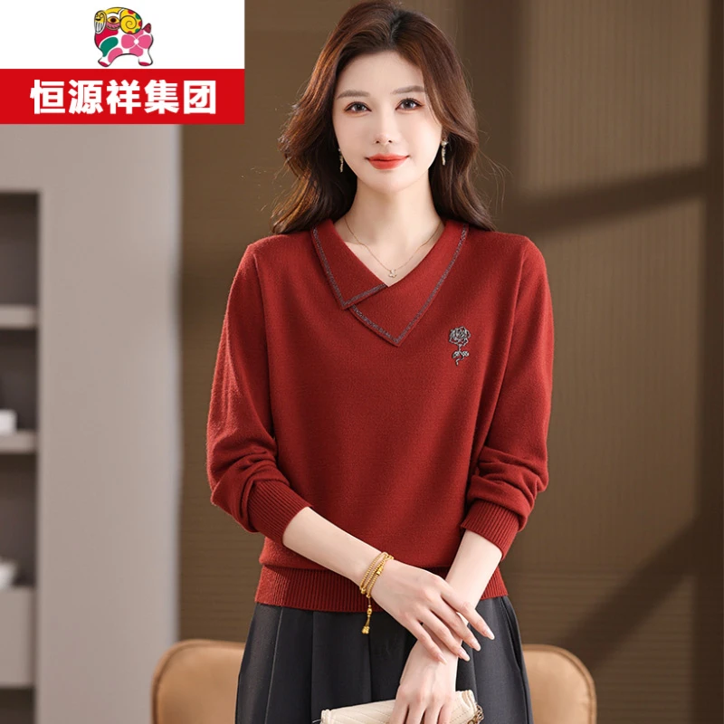 春竹世家品牌遮肚子内搭毛衣女秋冬胖妈妈打底针织I小花外穿羊