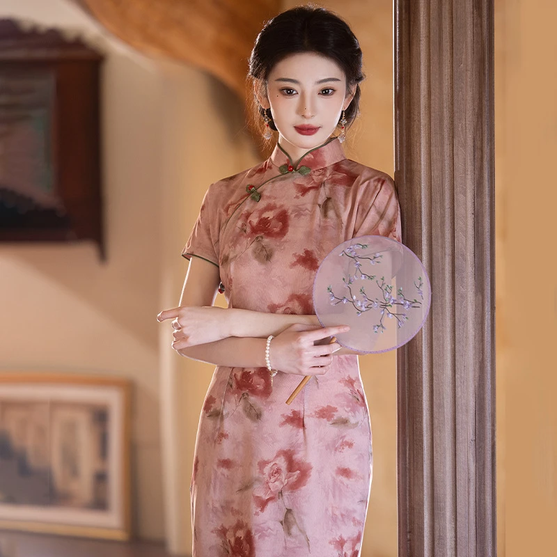 BDDBF轻奢2025春夏新款旗袍新中式弹力网纱旗袍粉色印花高端气质