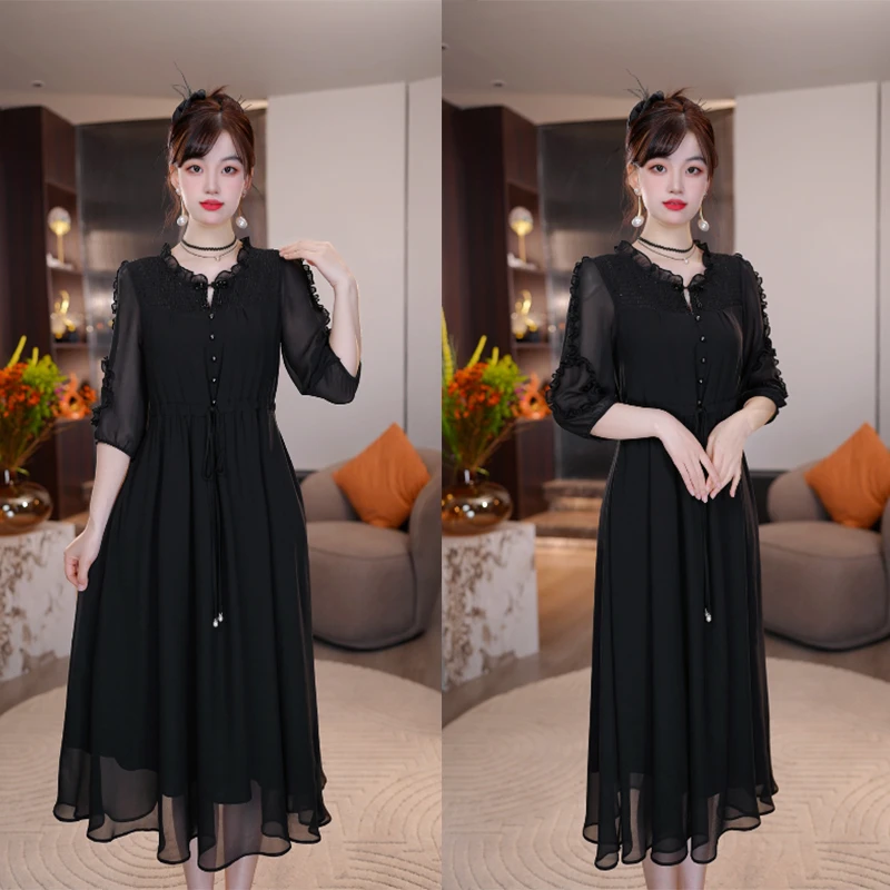 2025春季新款时尚气质显瘦中长款黑色高级显瘦女装短袖连衣裙子