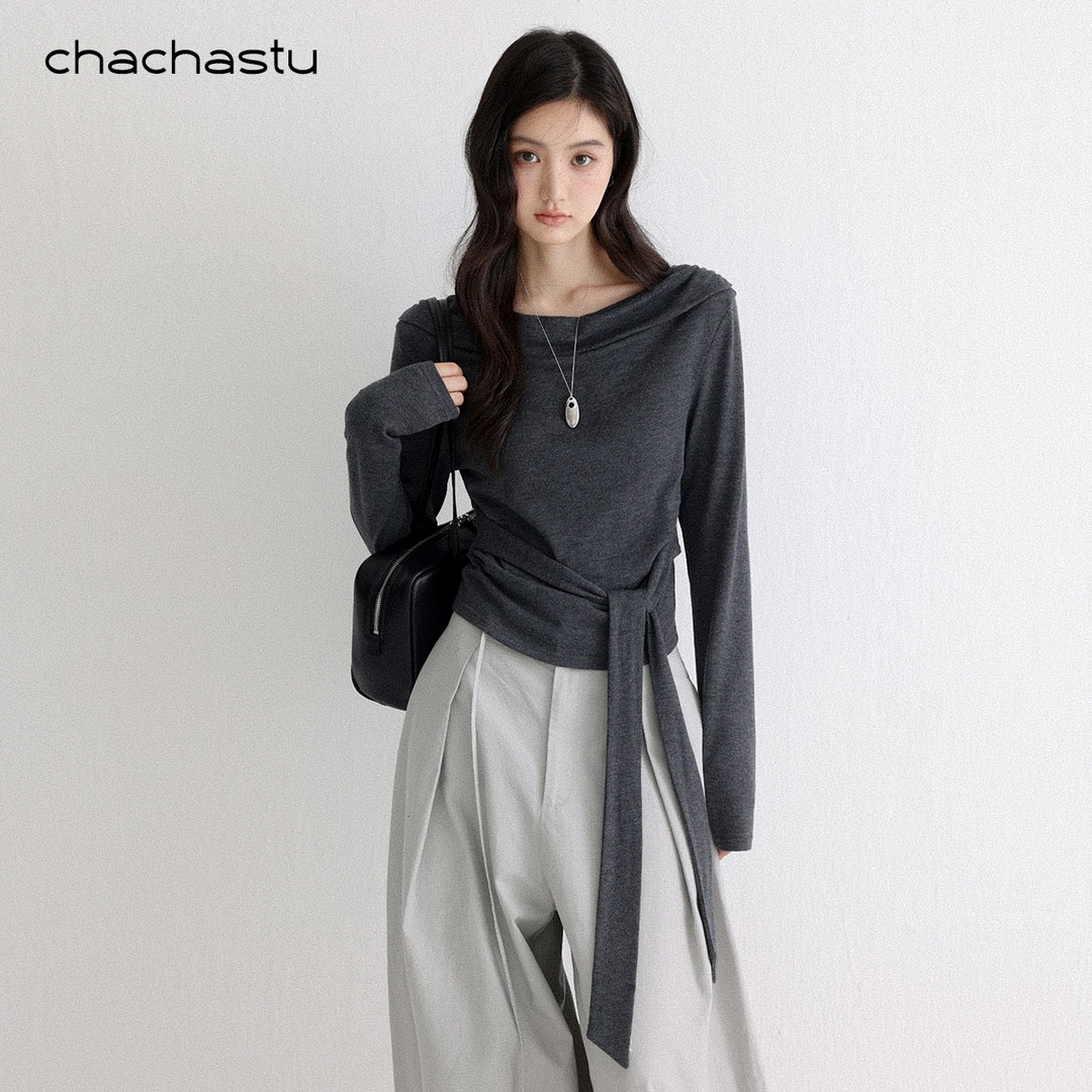 CHACHASTU极简一字型双层盆领 复古绑带收腰长袖上衣ZRS1734