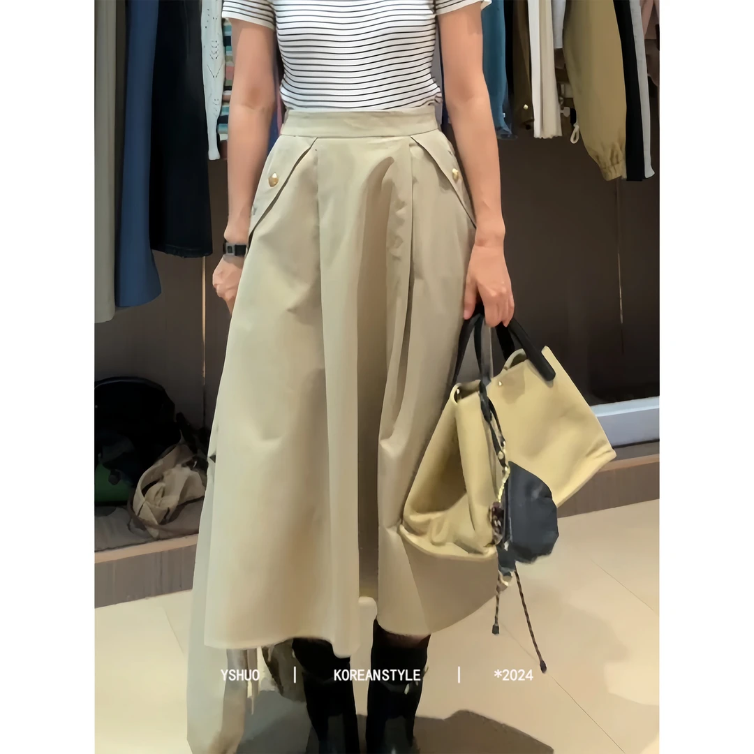 YSHUO【轮廓裙】纯色简约四袋合扣装饰扣后松紧腰长款半裙 9085