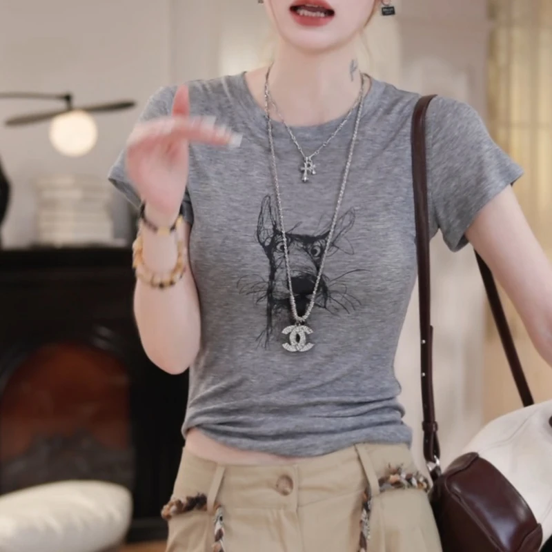 2025新款印花设计感短袖t恤修身显瘦上衣简约内搭T恤LK2502926