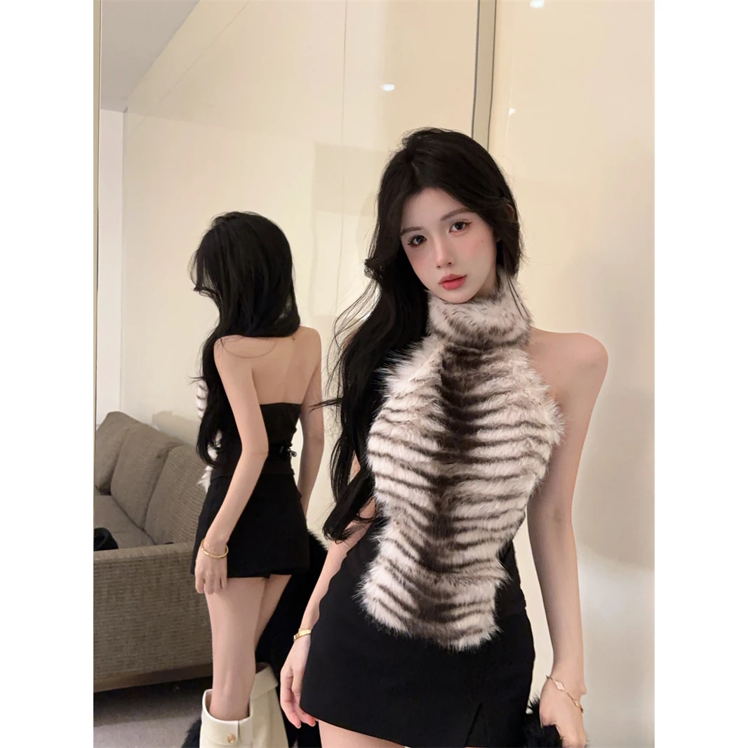 摩登复古风时髦精毛毛拼接高领无袖背心修身上衣吊带内搭辣妹短款