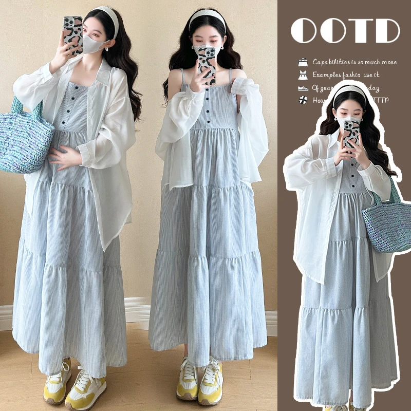 【嗒嗒】2025新款春秋款孕妇套装法式防晒衬衣+吊带连衣裙两件套春