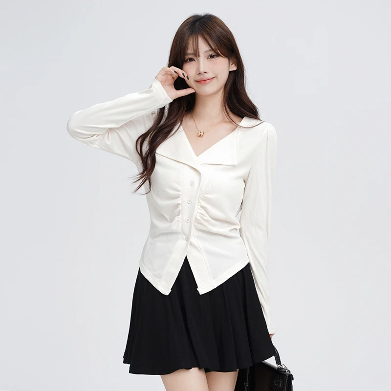 【31093】秋季上衣女新款洋气减龄设计感长袖遮肚子正肩T恤打底衫