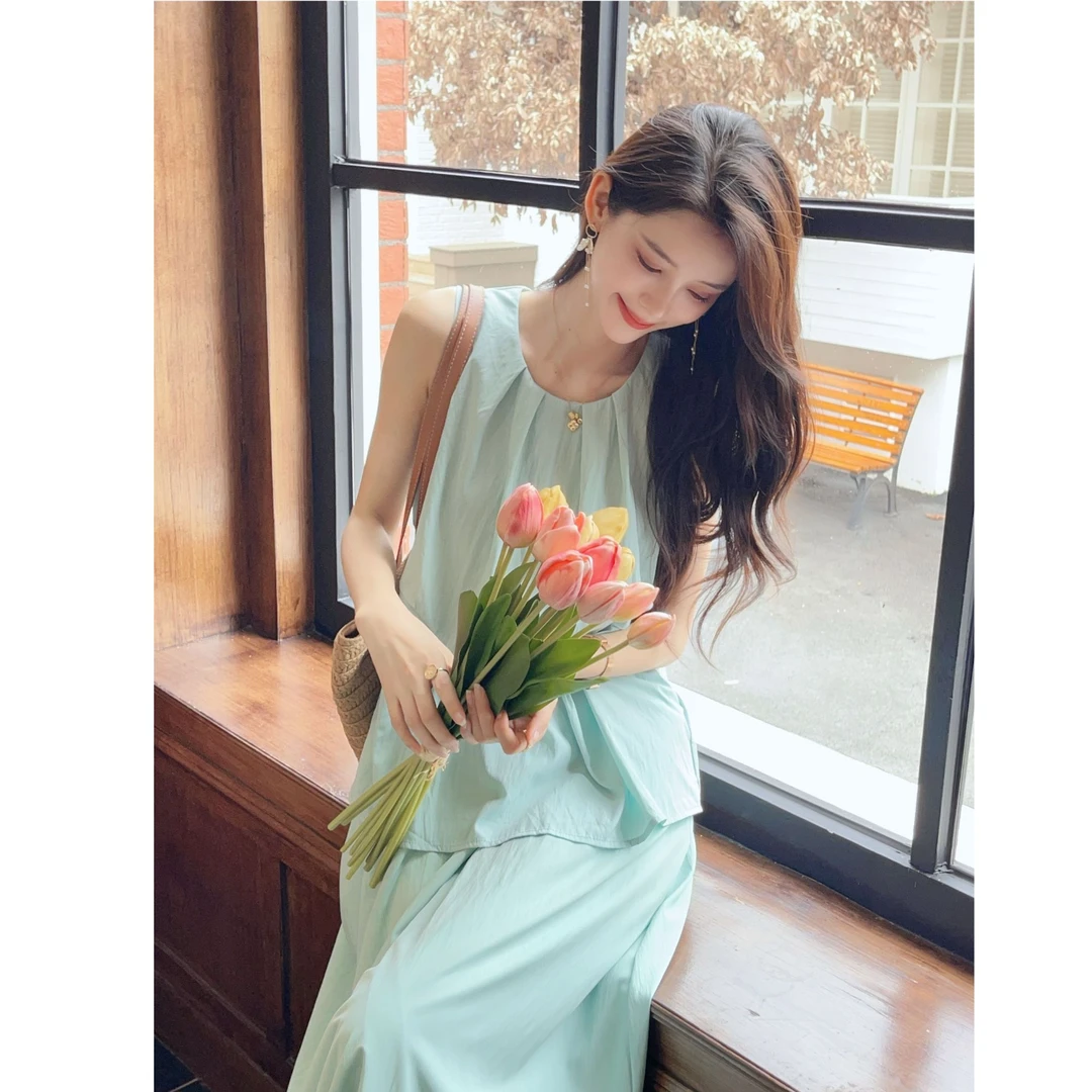 La Vague 薄荷绿无袖上衣+半身长裙