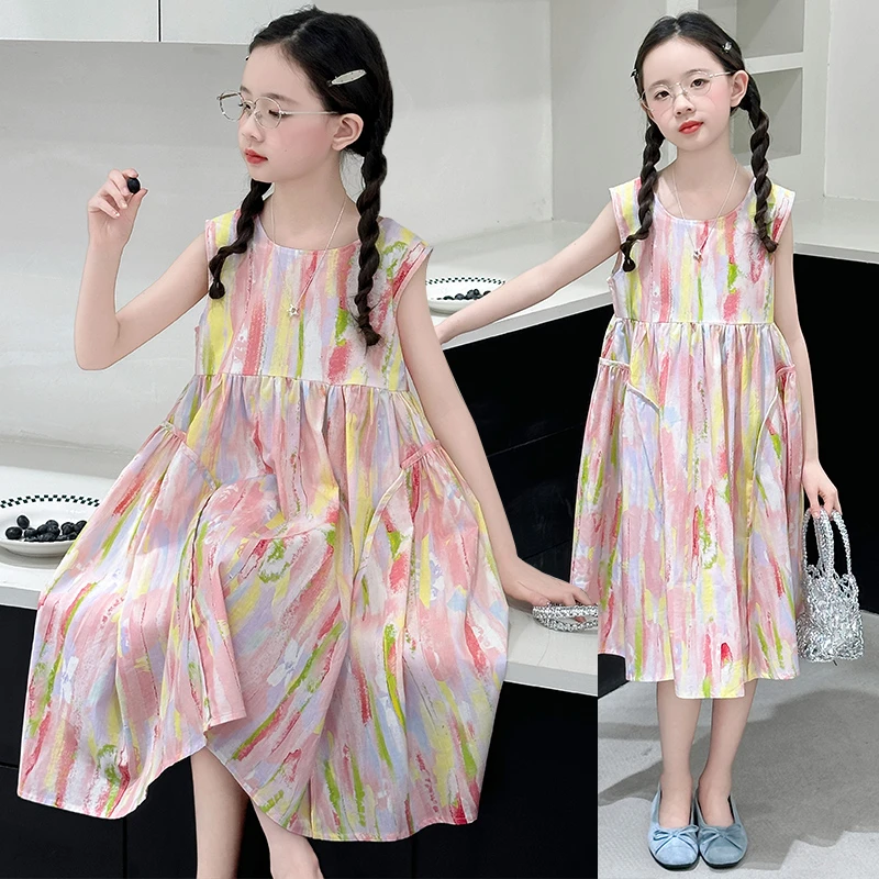 女童无袖连衣裙夏装2025新款洋气女孩大童夏季公主裙儿童甜美裙子