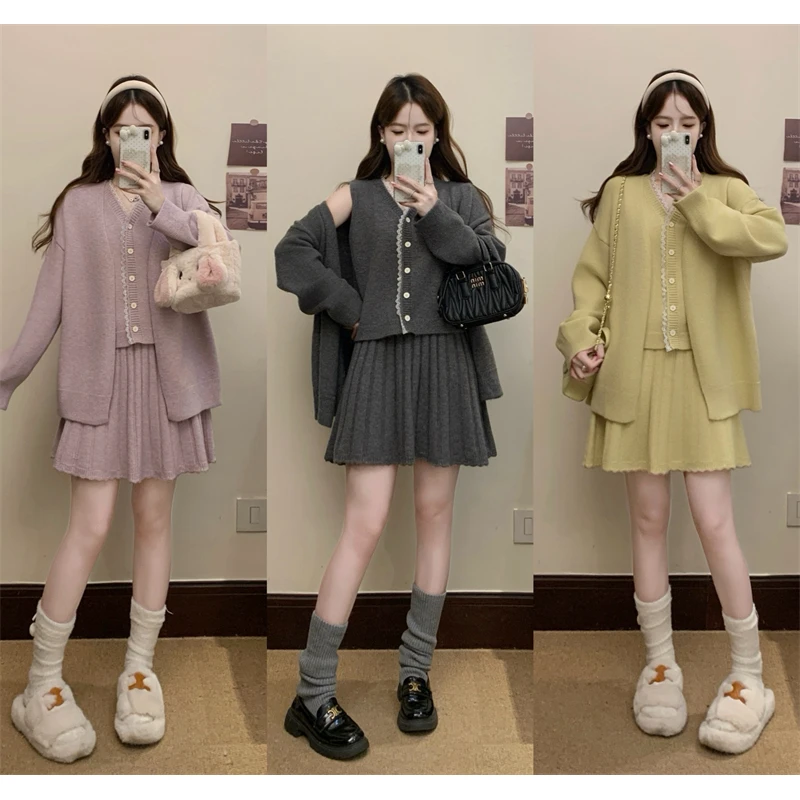 MO88ZSPF大码秋季法式蕾丝花边针织马甲宽松百搭毛衣开衫三件套