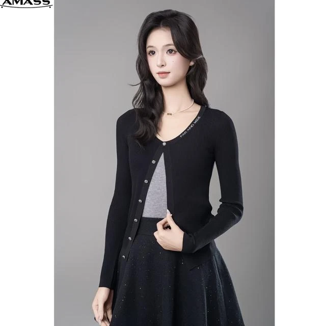AMASS阿玛施夏季薄款U领字母慵懒风针织衫长袖修身外搭开衫548019