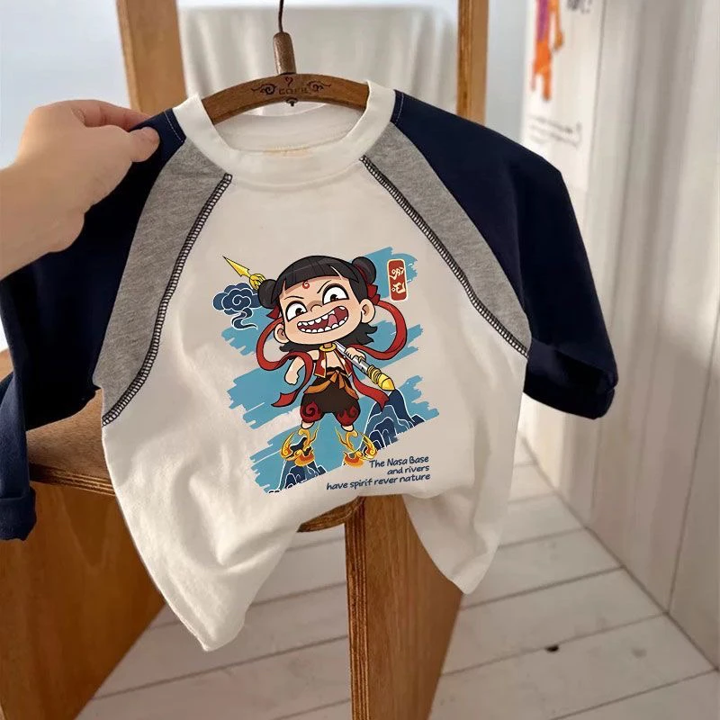 透气纯棉上衣男童插肩撞色长袖春秋新款童装中大童打底儿童T恤衫t