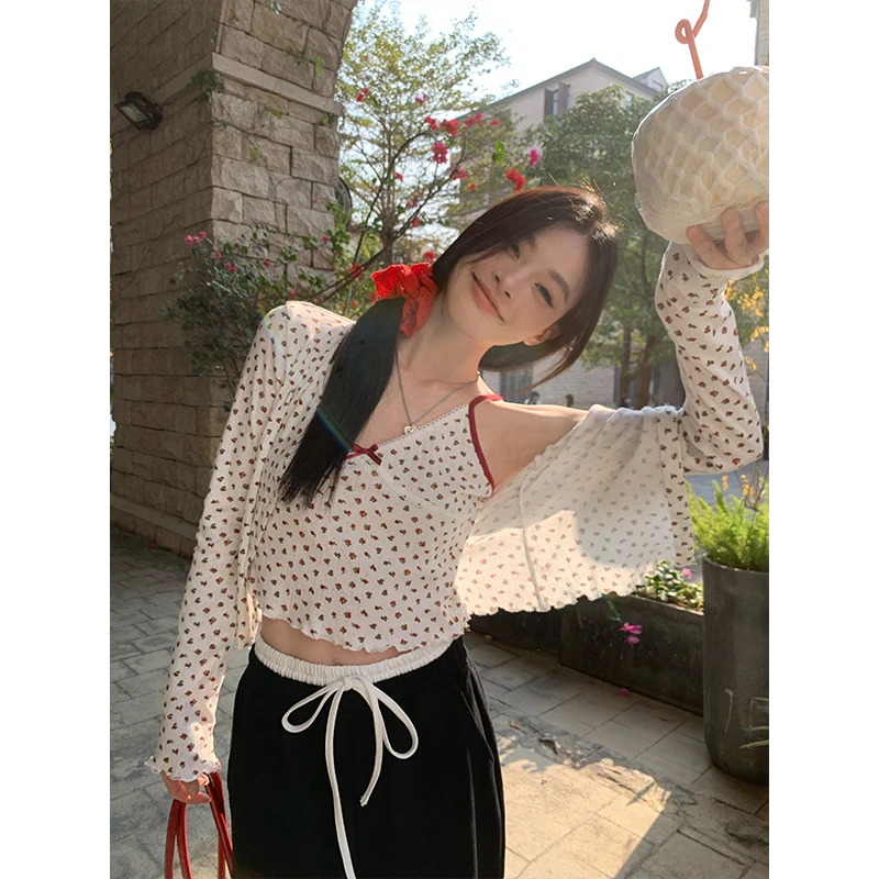 宋正恩红色碎花蝴蝶结吊带背心女夏季短款甜妹修身显瘦上衣AA6128