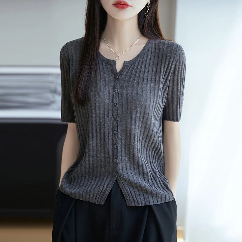 哥弟阿玛施正开衫外搭薄款坑条短袖防晒针织开衫女上衣百搭显瘦