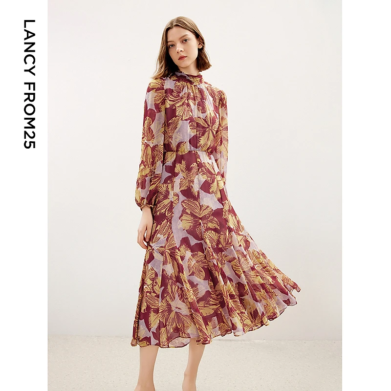 朗姿新品印花气质高级感中长款显瘦连衣裙秋冬新款温柔高贵欧若