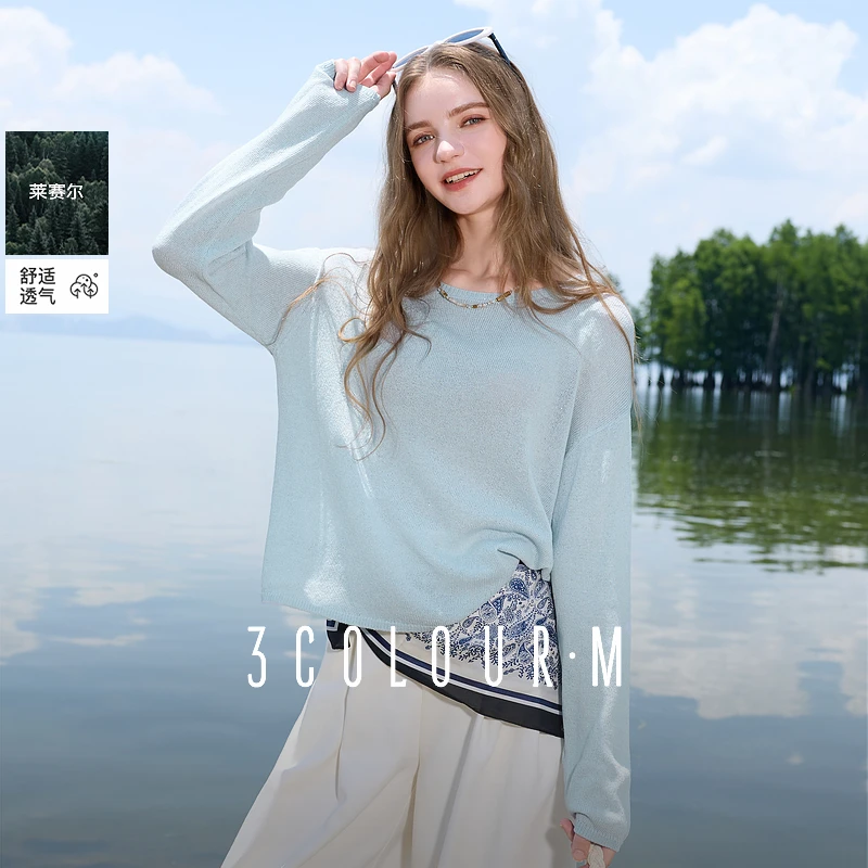 三彩2025秋季新款圆领针织衫设计感镂空宽松套头上衣气质显瘦M