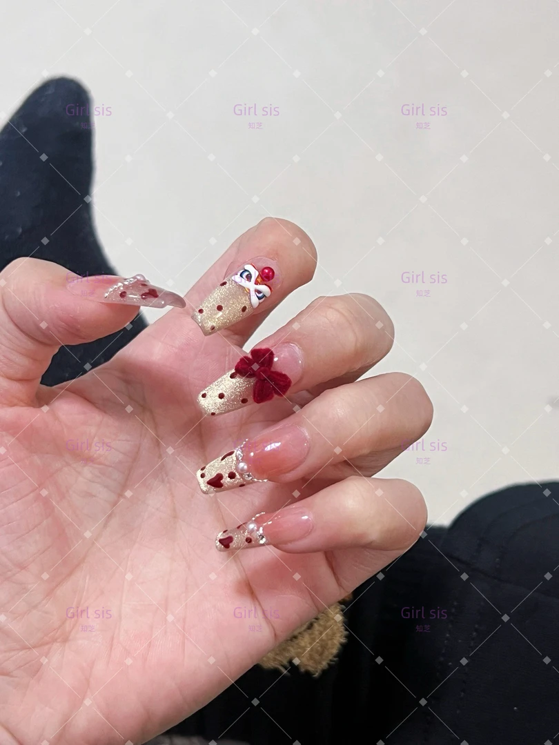 【心悦醒狮】可爱喜庆丝绒纯手工穿戴甲气质秋冬粉色冰透裸色组合