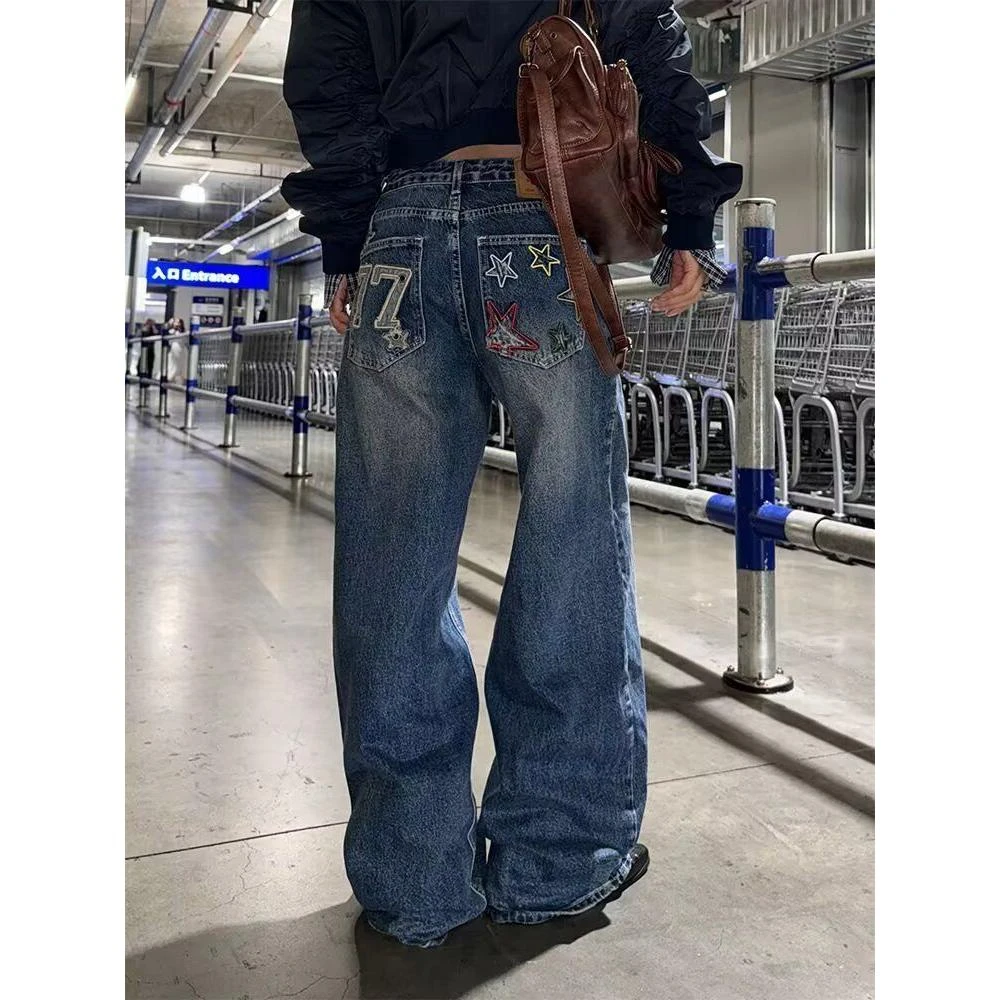 美式复古水洗做旧破洞字母贴布刺绣直筒牛仔裤男女洗水磨白长裤