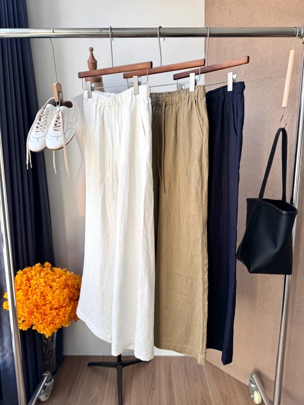 老钱风亚麻抽绳直筒阔腿裤