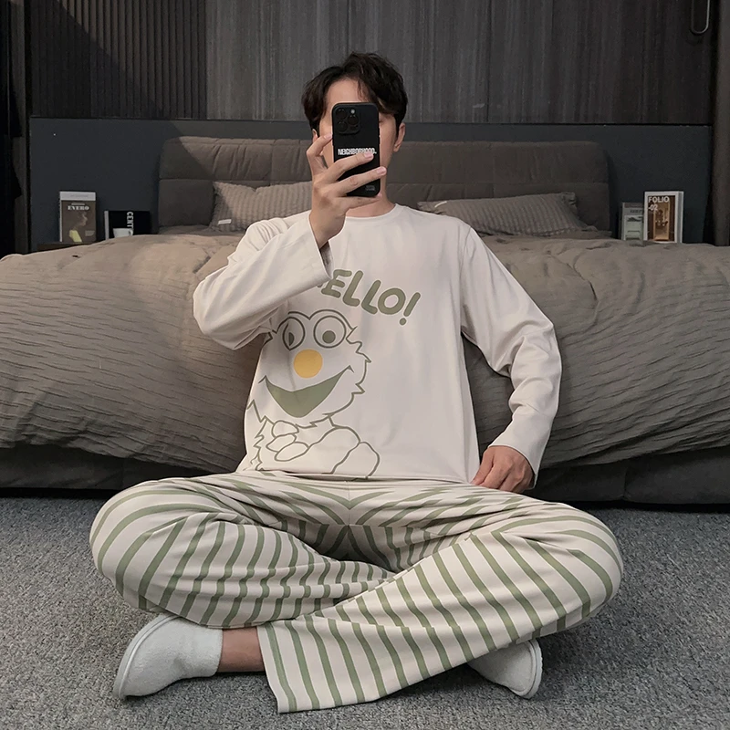 纯棉秋季睡衣男青少年高中生长袖长裤圆领卡通家居服春秋款两件套