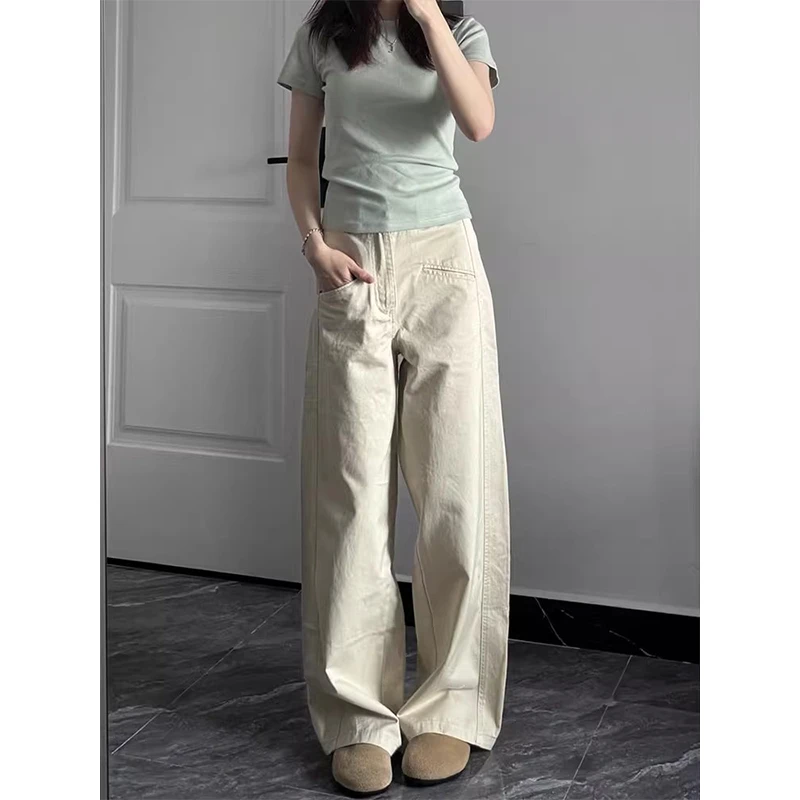 杏色百搭阔腿西装裤女春秋季新款设计感宽松休闲裤子直筒拖地裤子