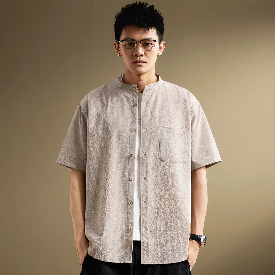 高端日系复古潮流立领短袖衬衫男夏季薄款透气宽松百搭五分袖外套