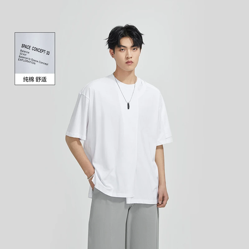 HERBEL/黑白2024夏季男士圆领上衣宽松百搭纯色休闲简约T恤