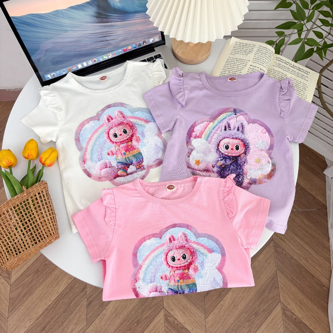女童拉布布新款短袖女童双面变色亮片短袖T恤卡通打底衫上衣爆款