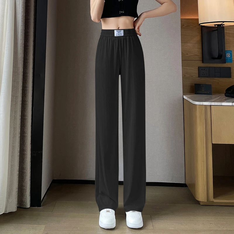 冰丝螺纹阔腿裤女2025夏季新款薄款高腰垂感显瘦宽松直筒拖地长裤