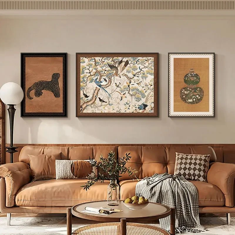 金钱豹法式中古风客厅装饰画手工复古沙发背景墙挂画中式三联807