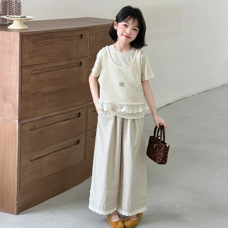 女童夏季套装2025新款儿童时髦洋气女大童针织马甲T恤夏装三件套