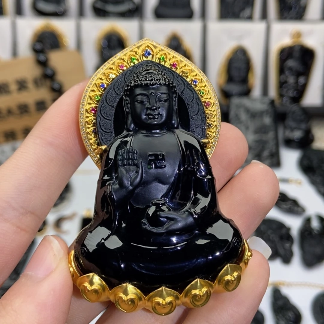 颈饰18K金镶嵌翡翠?****班缅甸墨翠A货大日如来