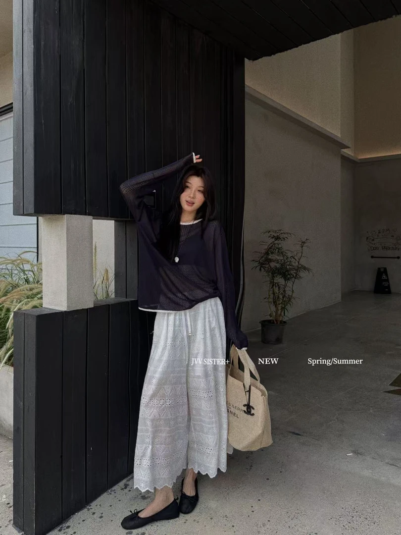 福秒-勾花镂裤裙！白色勾花镂空阔腿休闲裤（JJ00295#）JVV