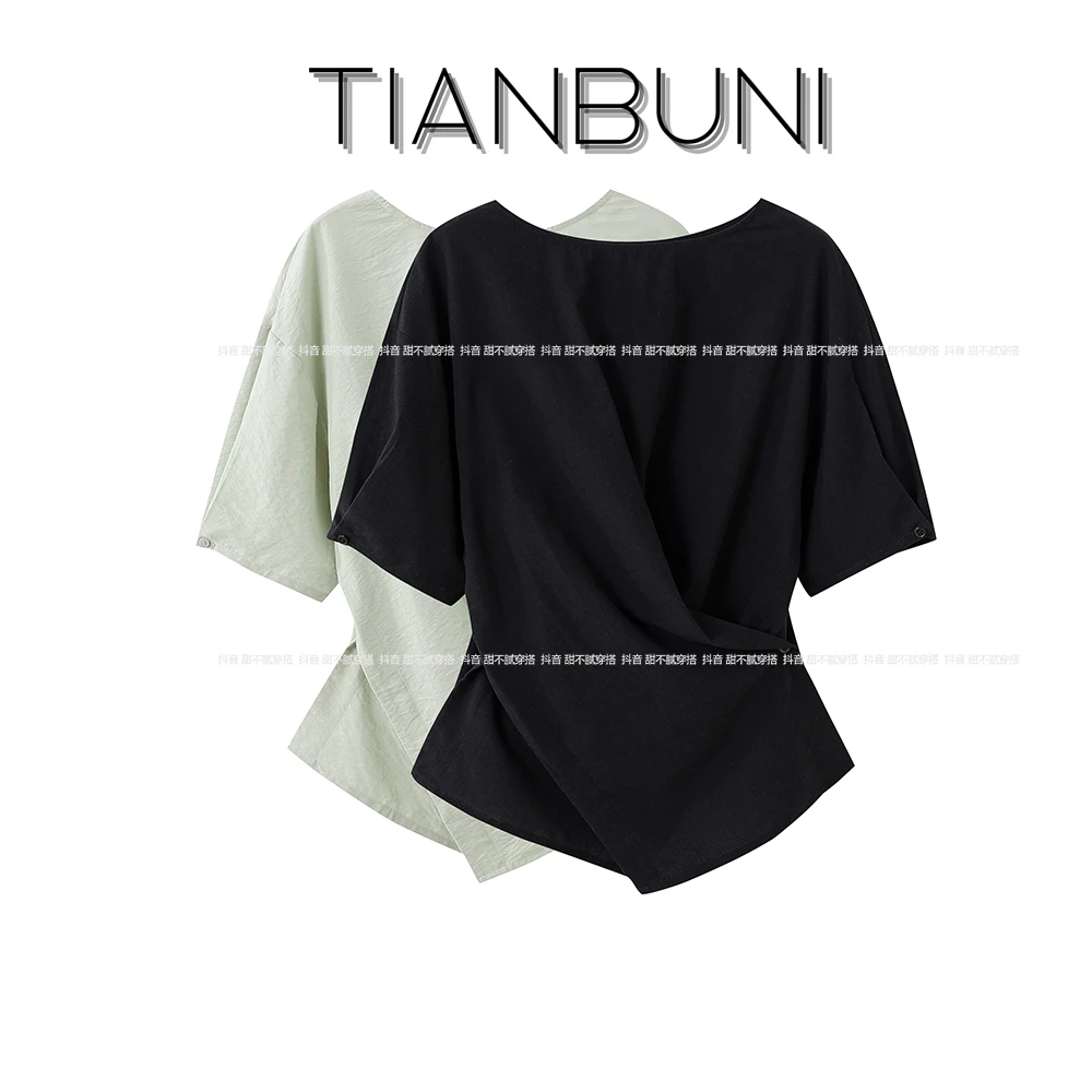 ”交叉Tee“棉质一字肩圆领交叉下摆T恤夏款上新女装