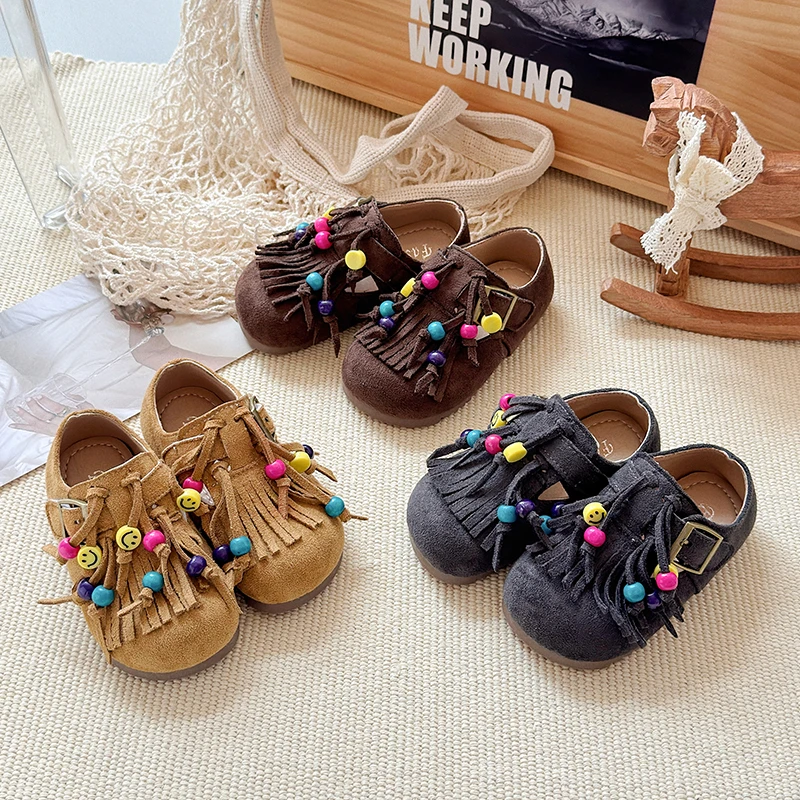 2025秋季新款女童韩版流苏勃肯鞋儿童彩色串珠休闲百搭小皮鞋单鞋