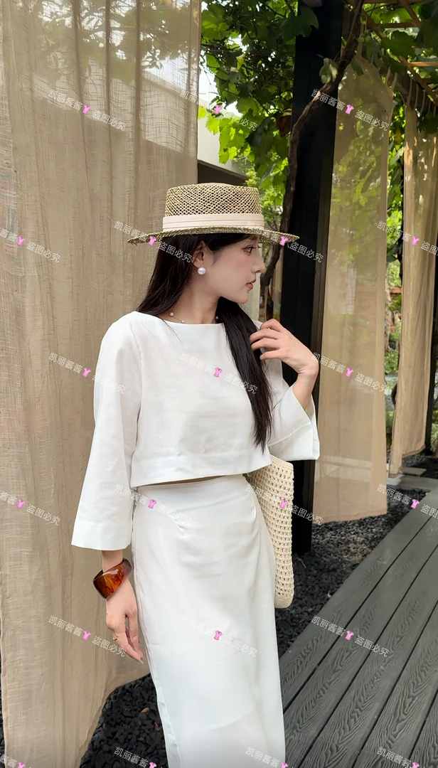 【出水芙蓉】老钱度假风亚麻套头短款上衣高腰直筒半身裙套装女