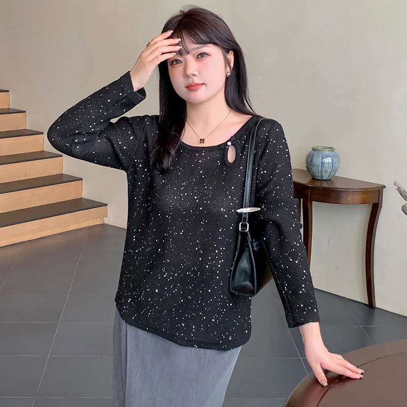 【涵胖胖】清*大码设计感镂空上衣女2024秋胖mm盘扣珠片长袖针织衫
