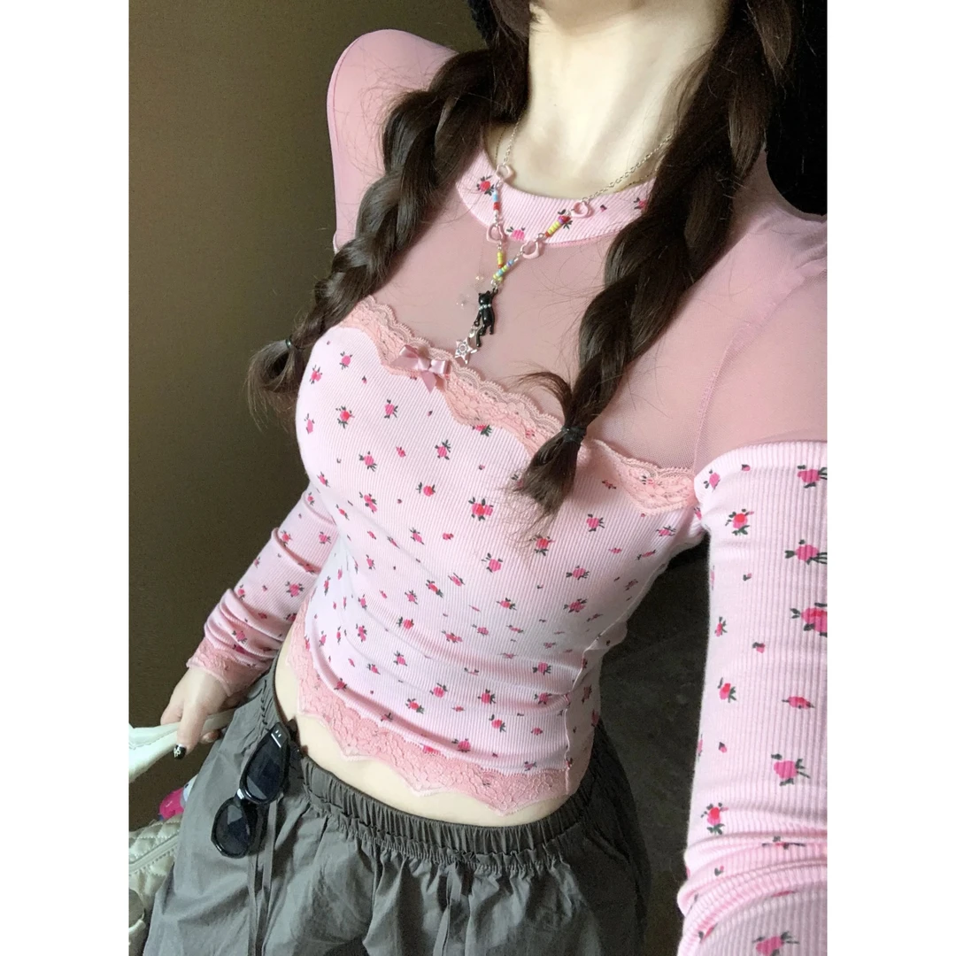 少女感网纱圆领正肩长袖t恤女春夏法式碎花别致修身显瘦针织上衣