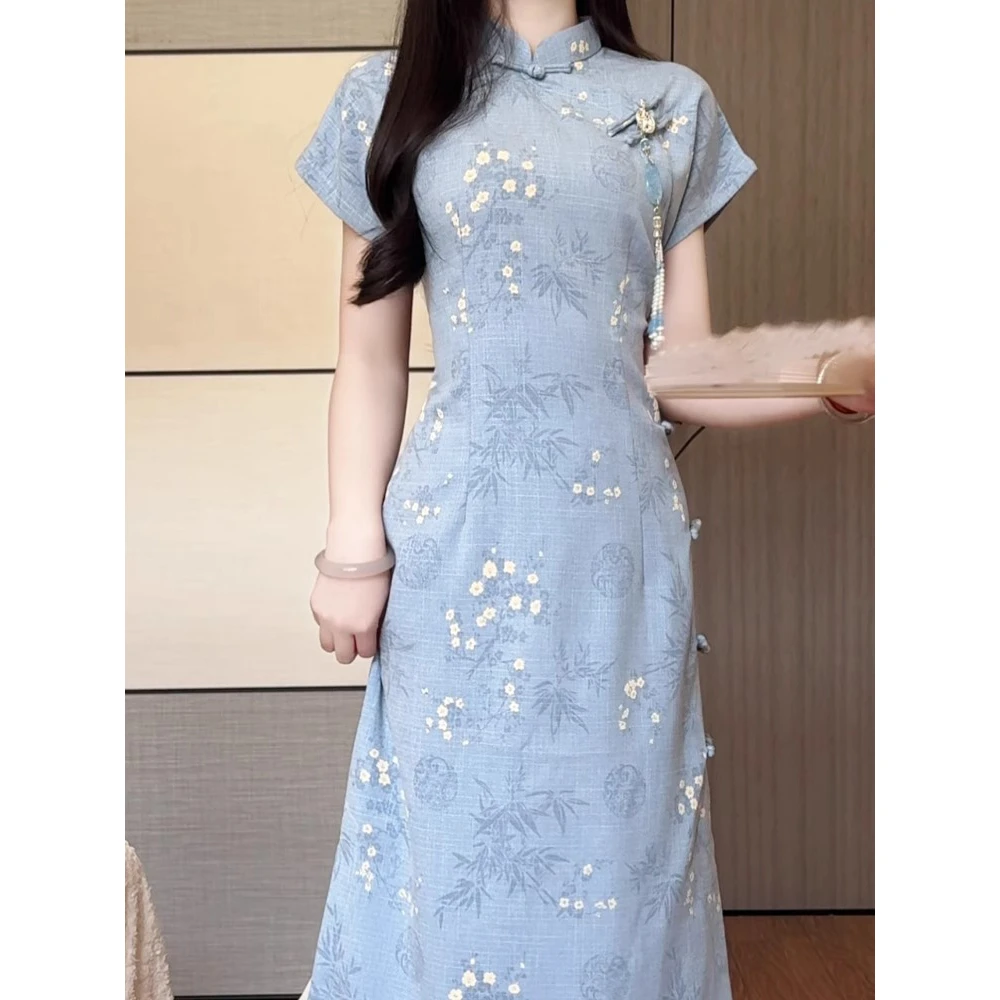 蓝色复古风短袖旗袍女2025夏季新款改良国风日常古法新中式年轻款