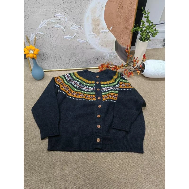 秋冬新款圆领提花开衫毛衣百搭针织衫5819