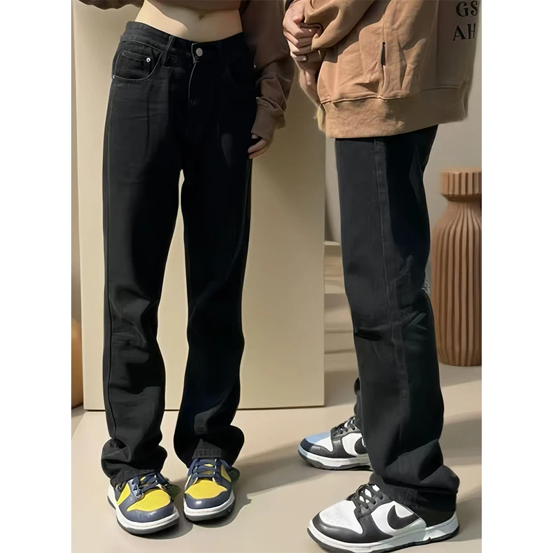 sinsin黑色美式微喇牛仔裤男款秋冬季加绒裤子高腰提档修身直筒裤