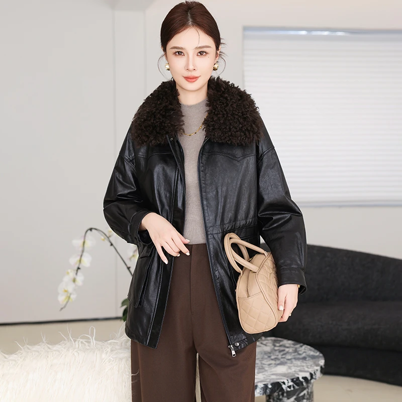 卡若维娅海宁真皮羽绒服女2025冬新款绵羊皮羊羔毛领鹅绒皮草外套