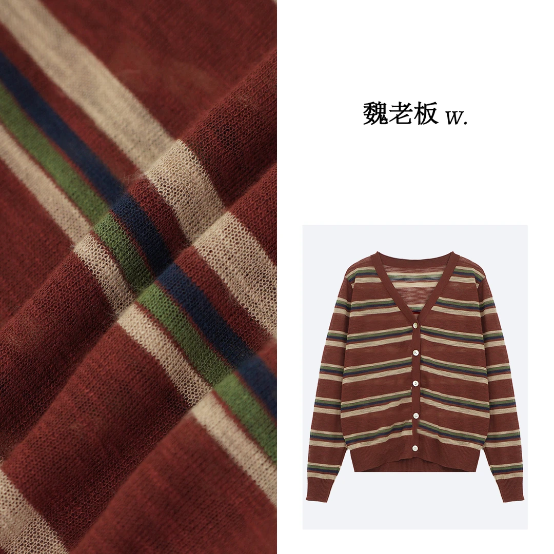 W.Diva【耀目】复古撞色条纹长袖针织开衫3Z2424114